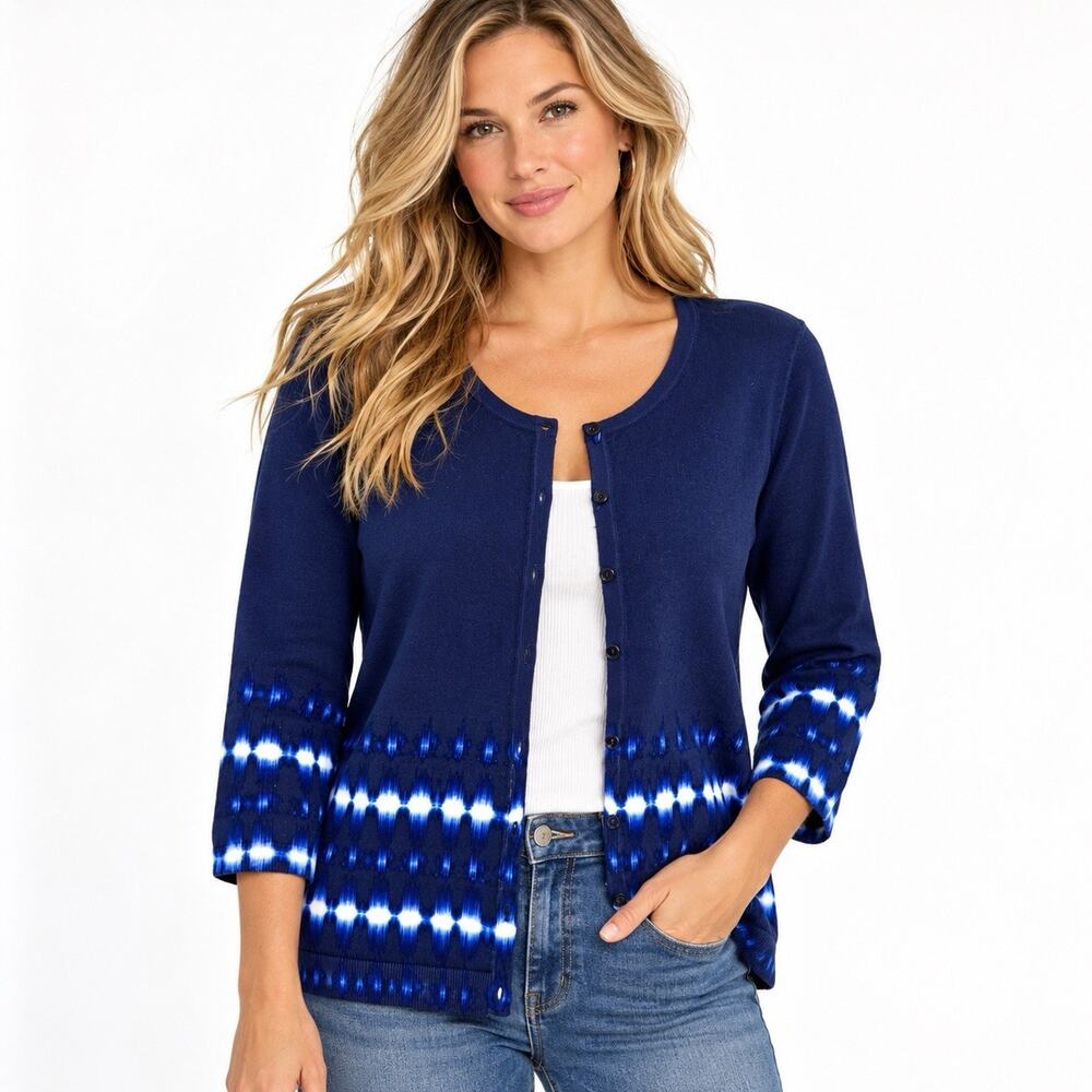 Talbots Women’s M Blue White Tie Dye Button Front Cardigan Sweater 3/4 Sleeve